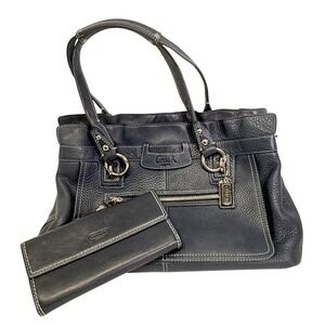 Coach Navy Blue Pebbled Leather Shoulder Bag and‎ Matching Wallet Set GUC